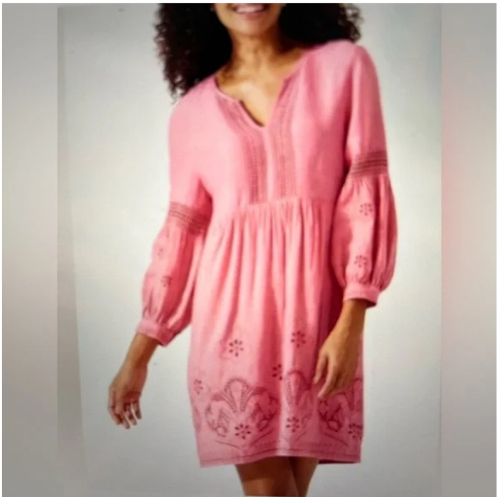 Tommy Bahama Pink Long Sleeve Embroidered Tunic Dress